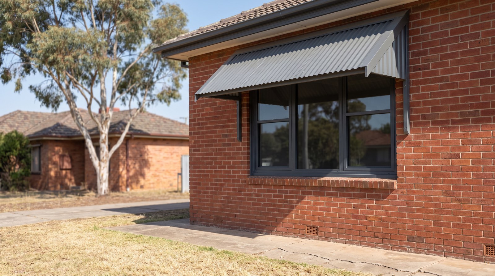 A replaced window and awning set into a brick wall under a clear sky