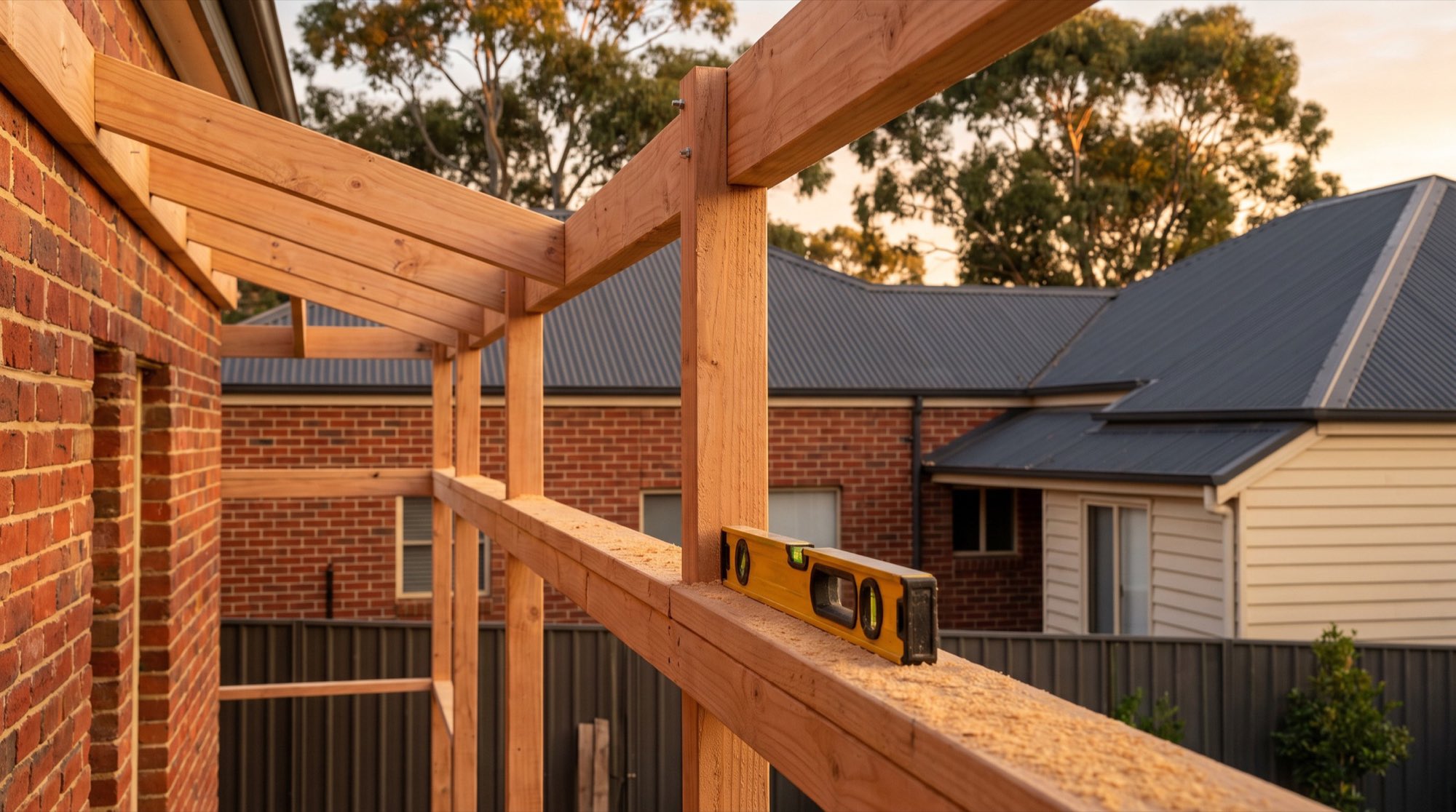Freshly sawn timber framing for a verandah with a spirit level resting on a beam