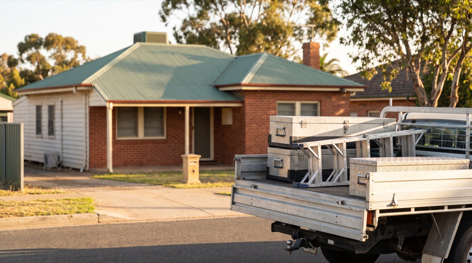 The open tailgate of a work ute with tool boxes and a step ladder parked at a kerb