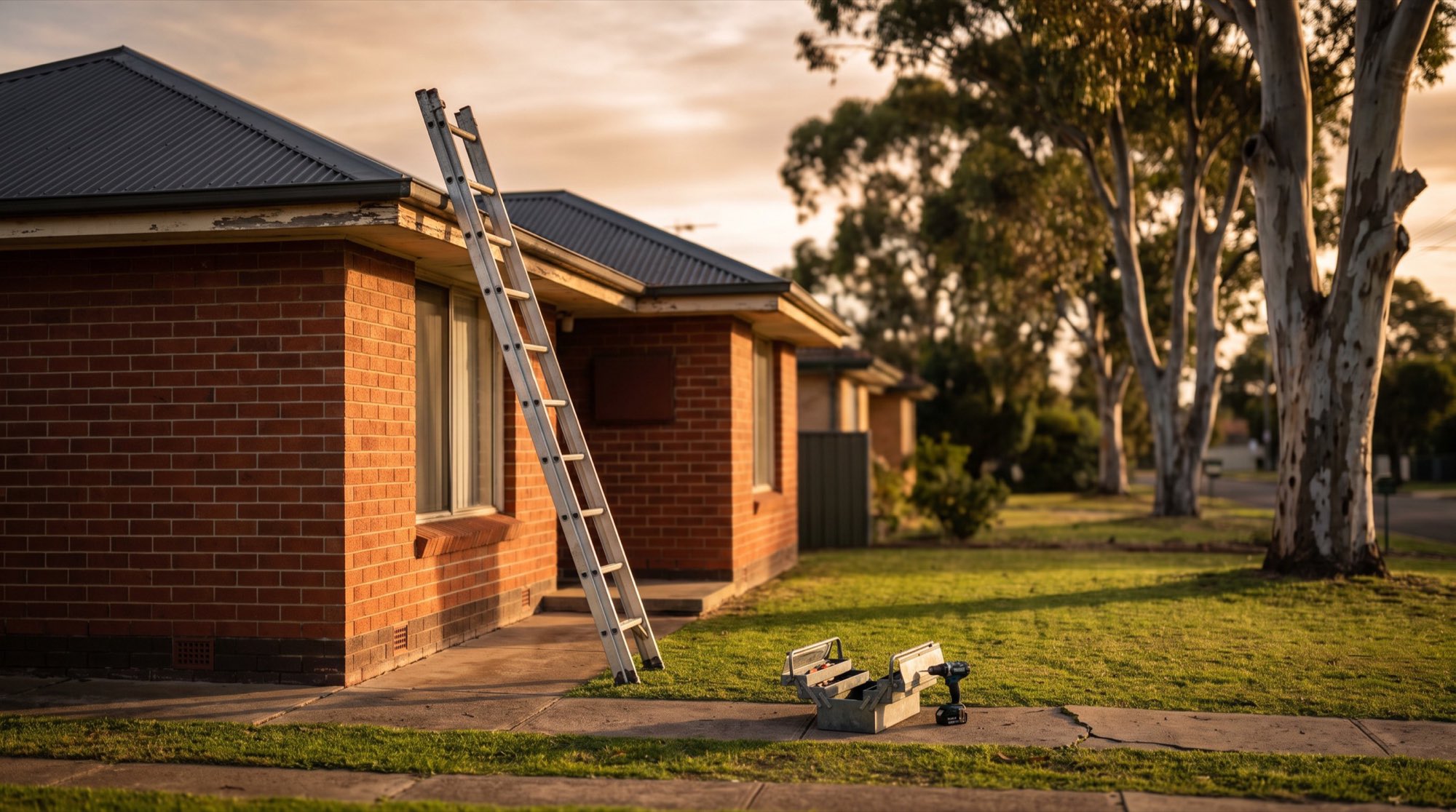 An extension ladder leaning against the eave of a brick home with a toolbox on the path below