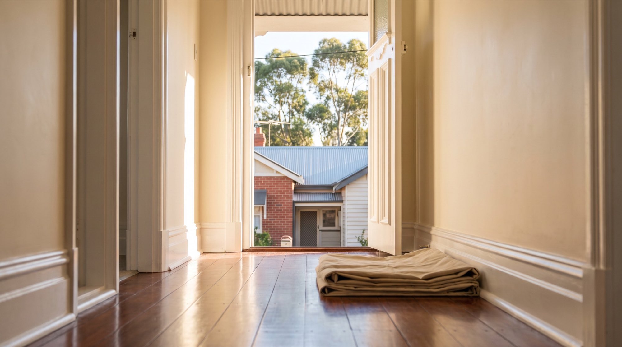 A repainted hallway with white trim and morning light across the floorboards