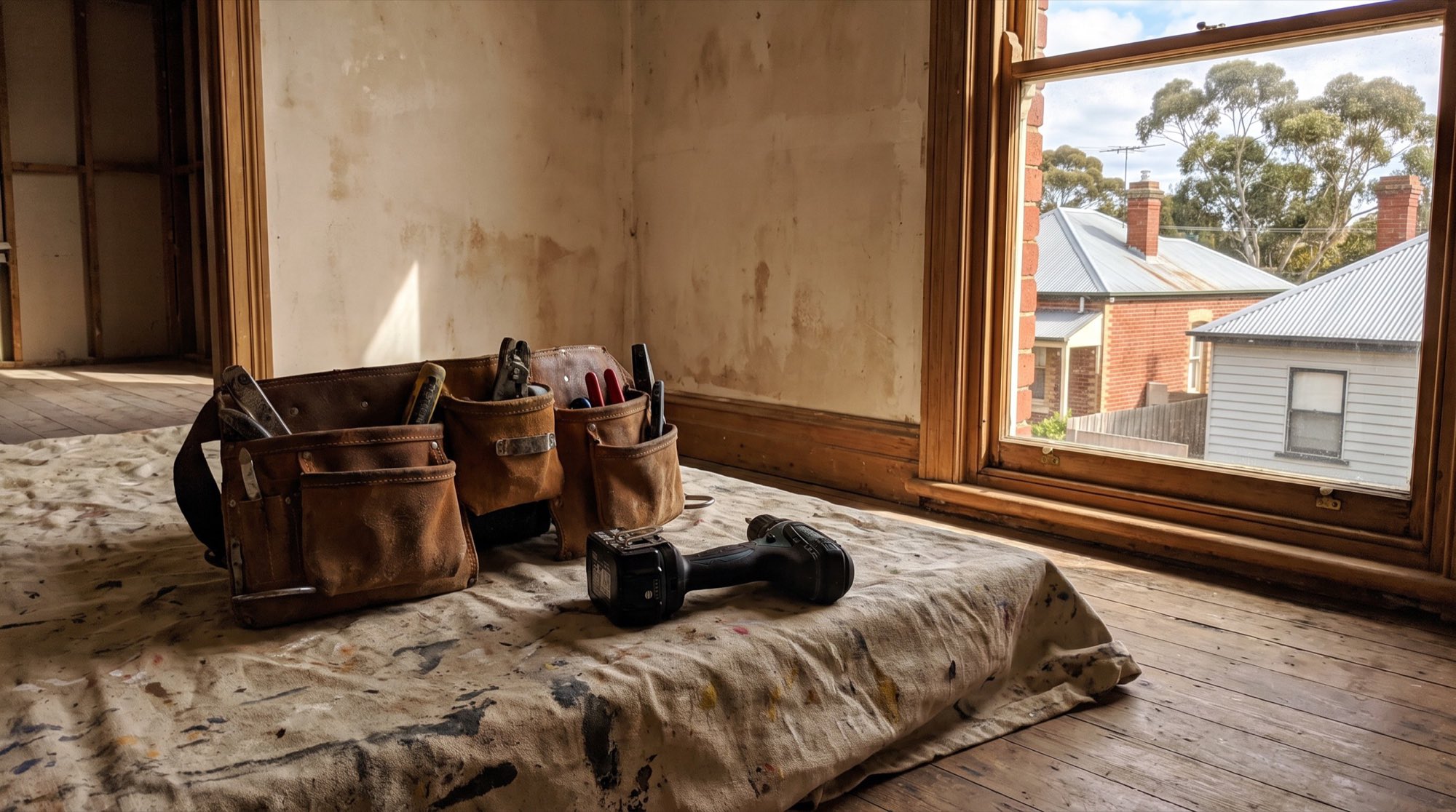 A leather tool belt and a cordless drill on a drop sheet in a half-renovated room