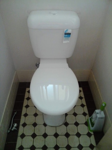 A toilet suite fitted on a black and white tiled floor