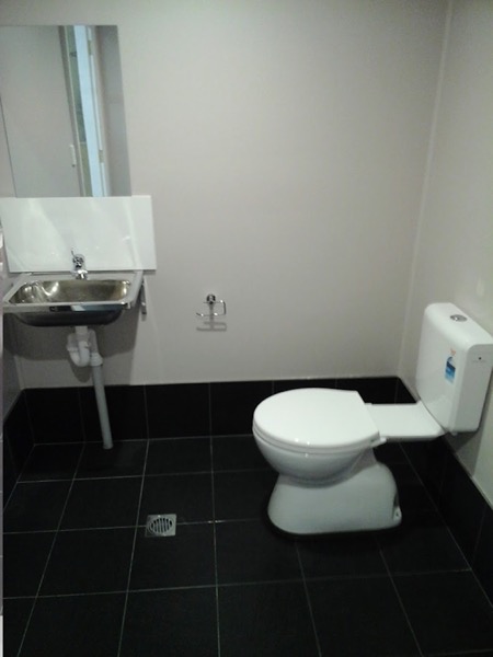 A toilet and basin in a bathroom with dark floor tiles