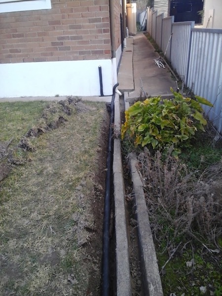 A narrow side path with a drainage channel and planting alongside