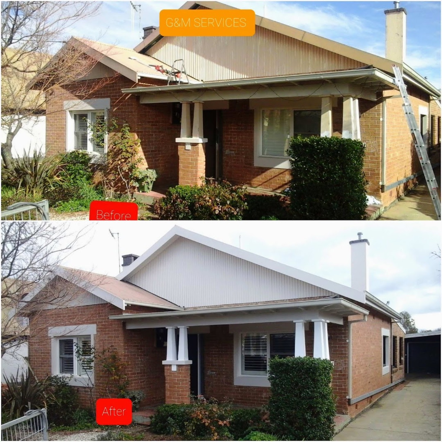 A brick home shown before and after work on its roof and trim