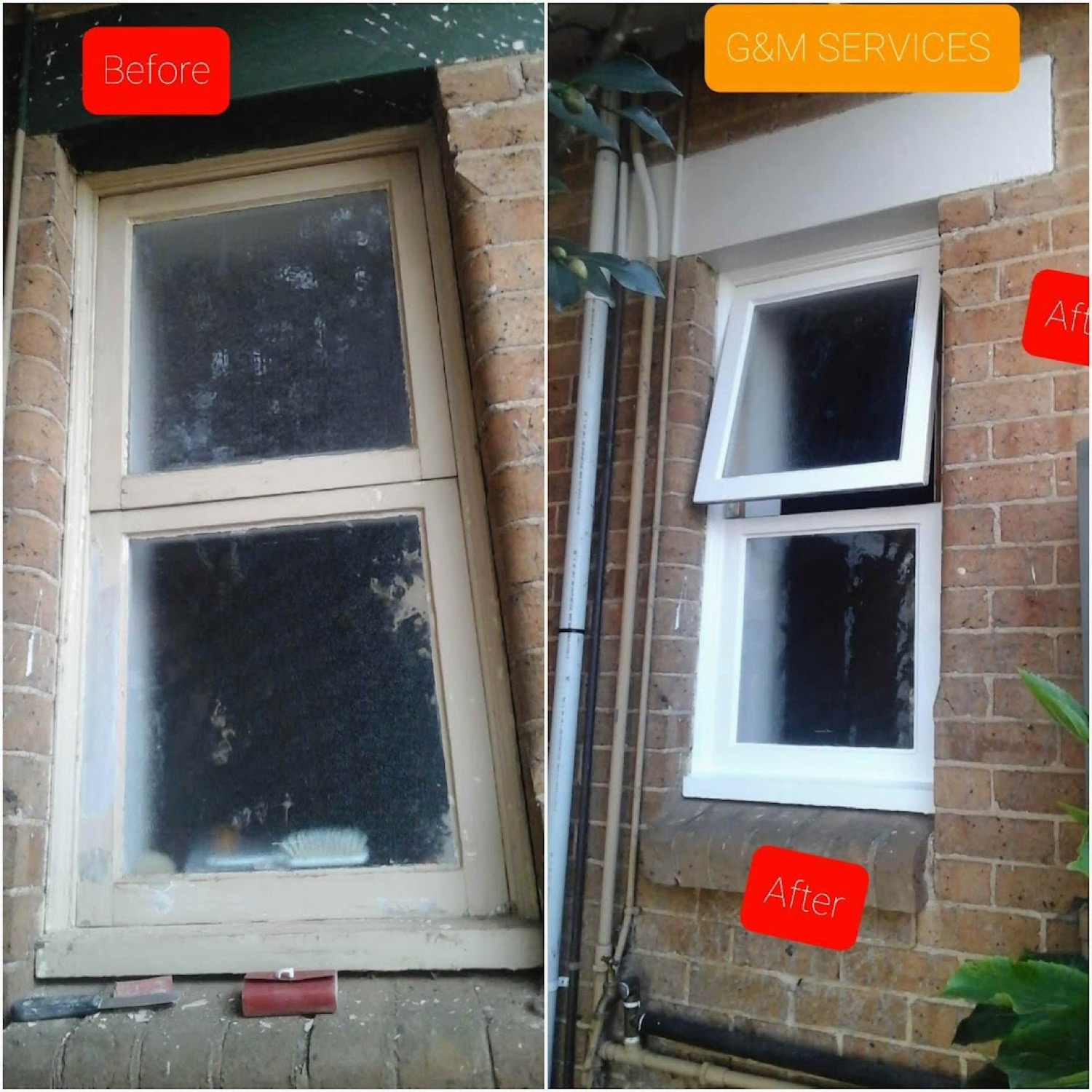An old timber window beside the new white window that replaced it