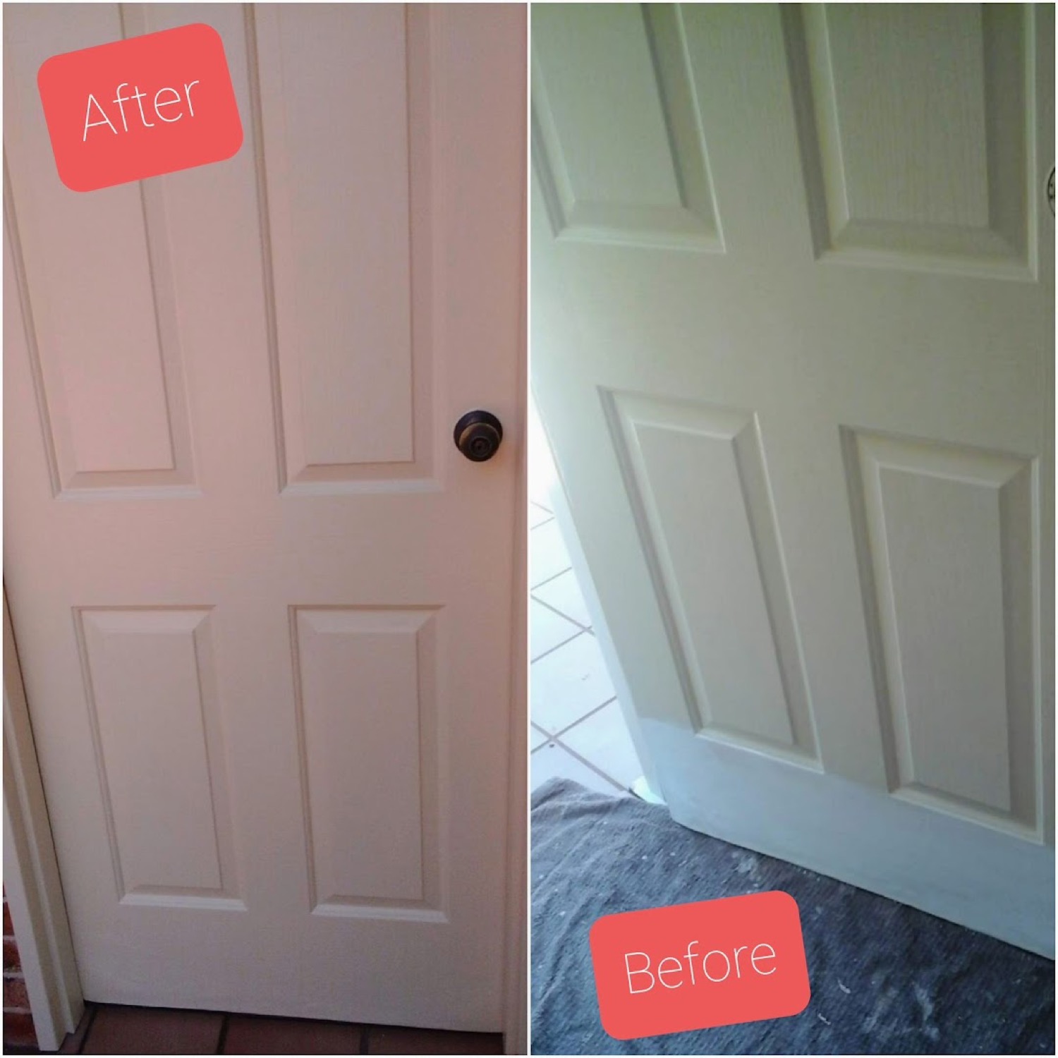 An internal door shown before and after it was repainted